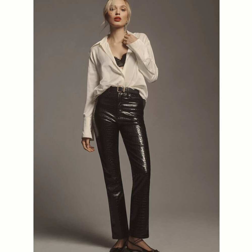 Good American Classic Snakeskin High-Rise Pants Shine Black Women's 10 / 30